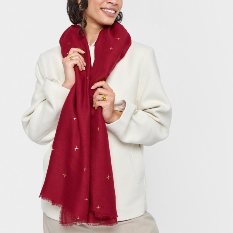 Star Sky Printed Foil Scarf in Garnet Red - Katie Loxton