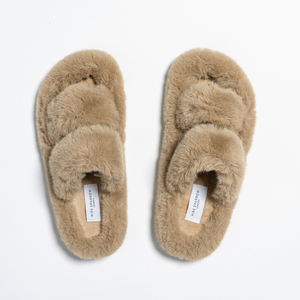 Faux Fur Double Strap Slippers (L) - Beige - Miss Sparrow